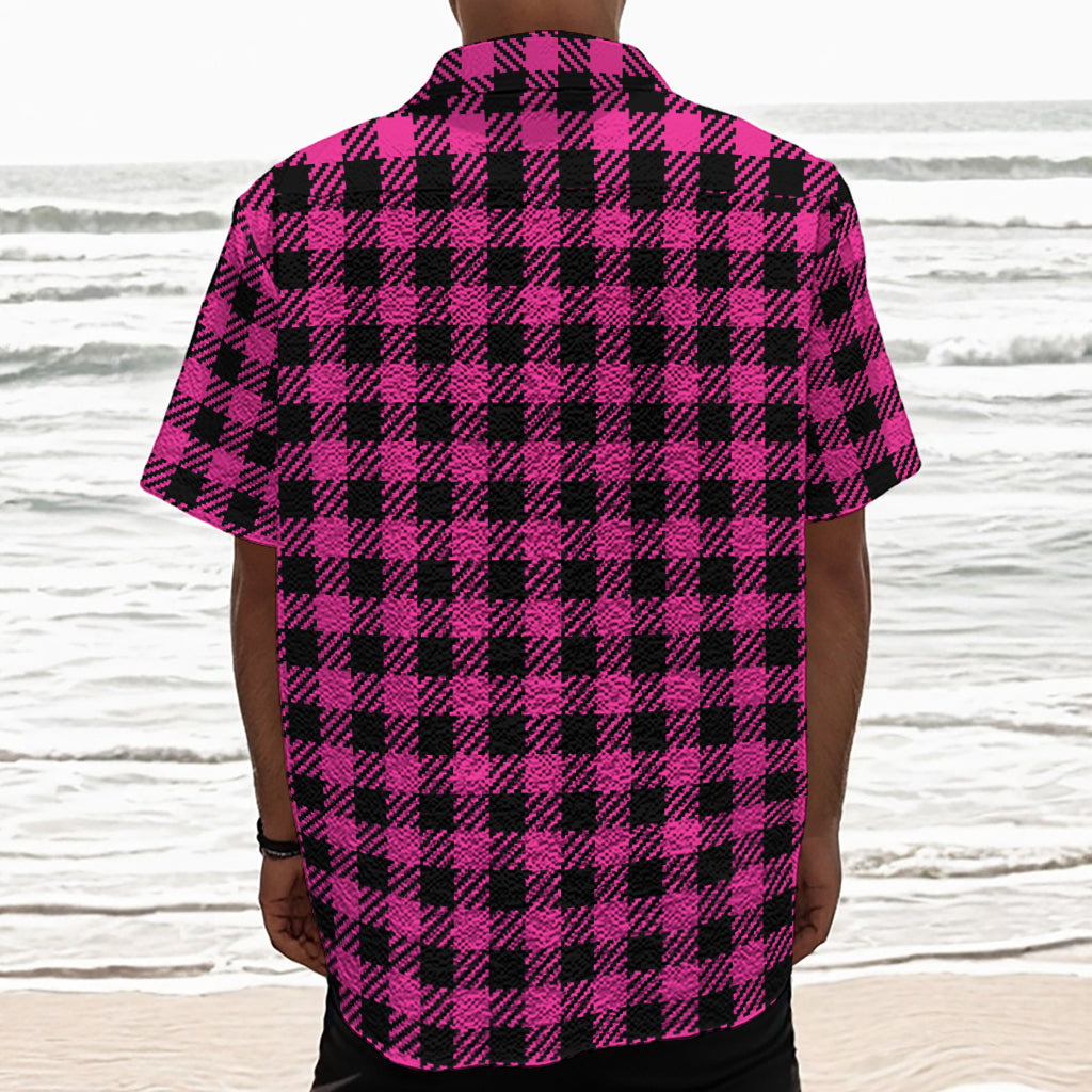 Hot Pink Buffalo Plaid Print Textured Short Sleeve Shirt