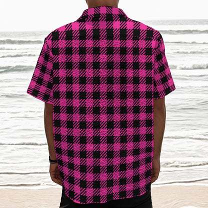 Hot Pink Buffalo Plaid Print Textured Short Sleeve Shirt
