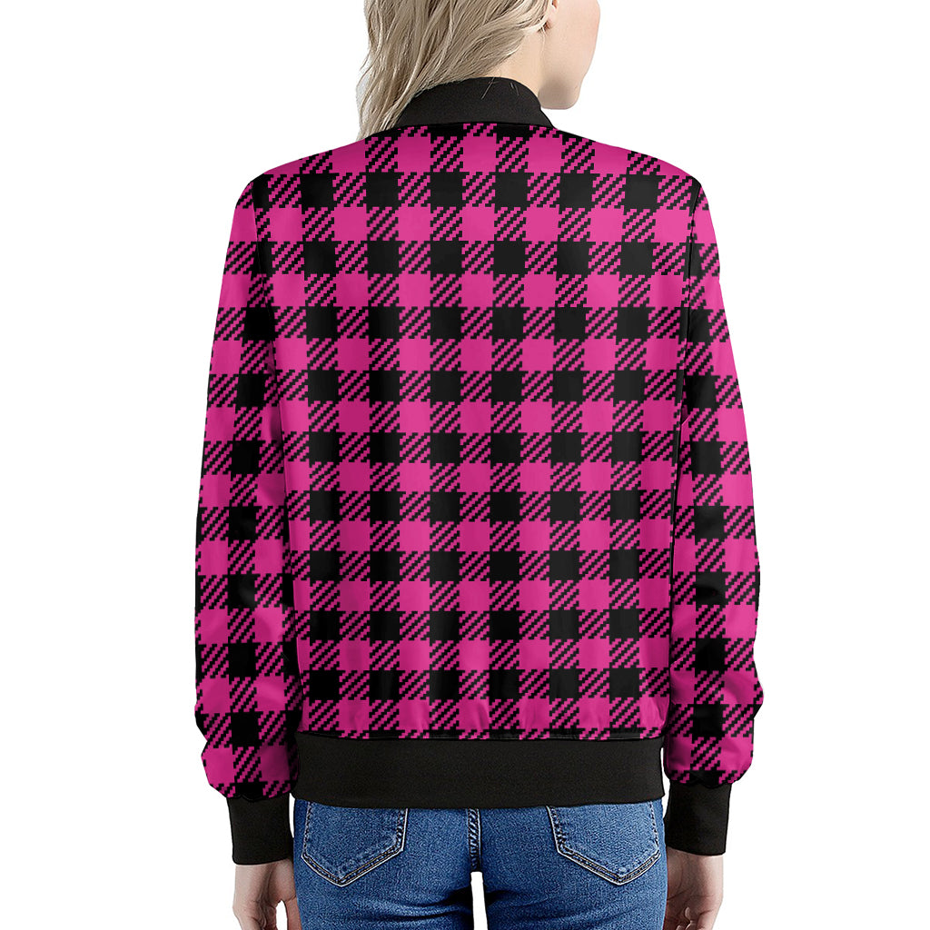 Hot Pink Buffalo Plaid Print Women's Bomber Jacket