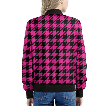 Hot Pink Buffalo Plaid Print Women's Bomber Jacket