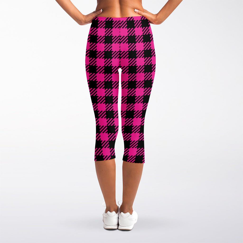 Hot Pink Buffalo Plaid Print Women's Capri Leggings