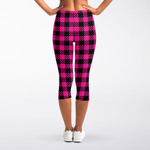 Hot Pink Buffalo Plaid Print Women's Capri Leggings