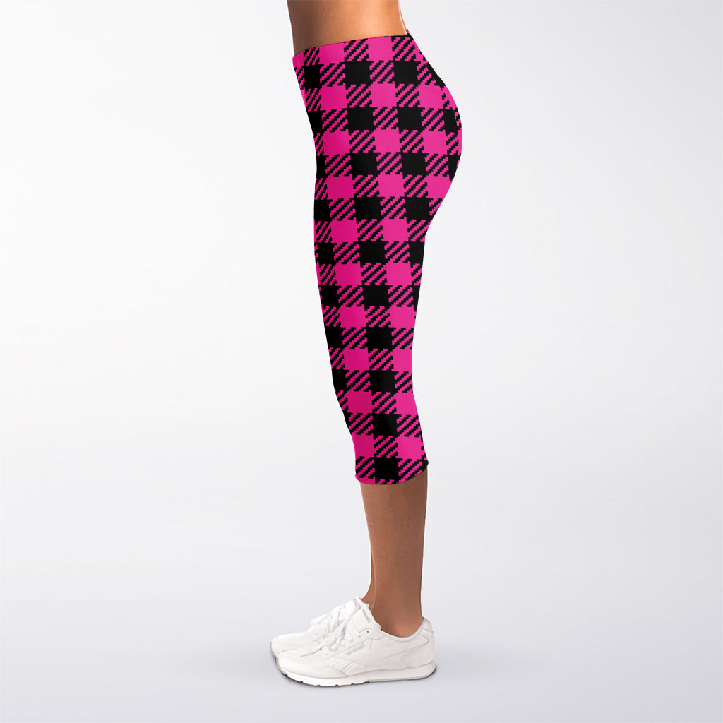 Hot Pink Buffalo Plaid Print Women's Capri Leggings