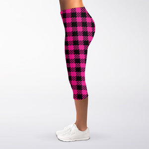 Hot Pink Buffalo Plaid Print Women's Capri Leggings