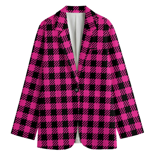 Hot Pink Buffalo Plaid Print Women's Cotton Blazer