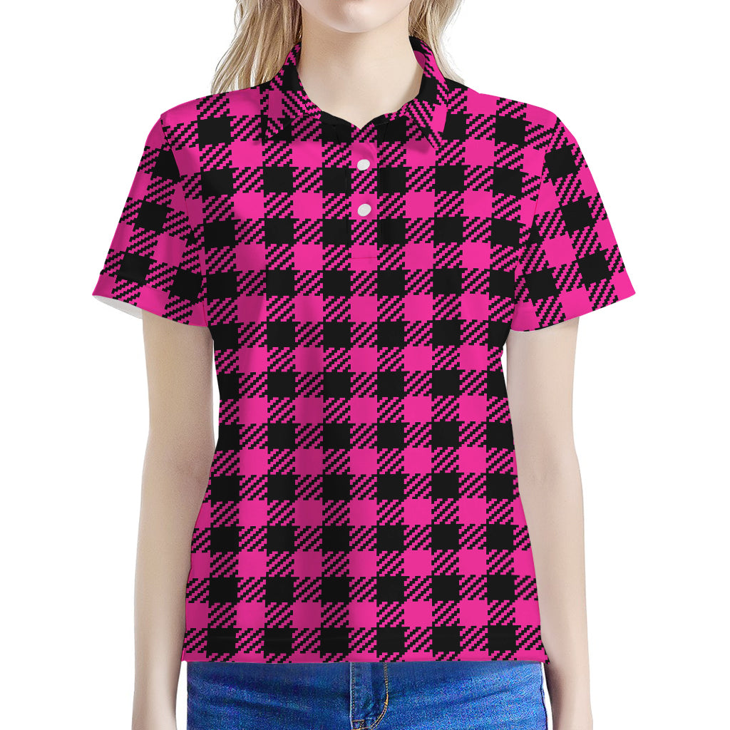 Hot Pink Buffalo Plaid Print Women's Polo Shirt