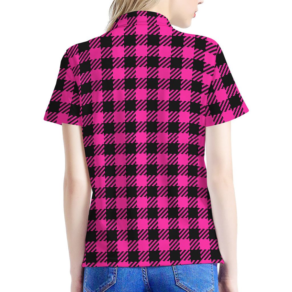 Hot Pink Buffalo Plaid Print Women's Polo Shirt