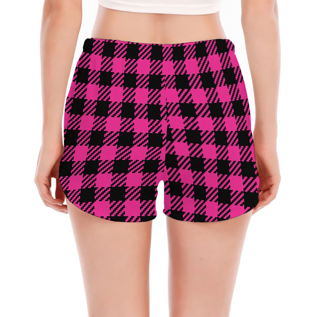 Hot Pink Buffalo Plaid Print Women's Split Running Shorts