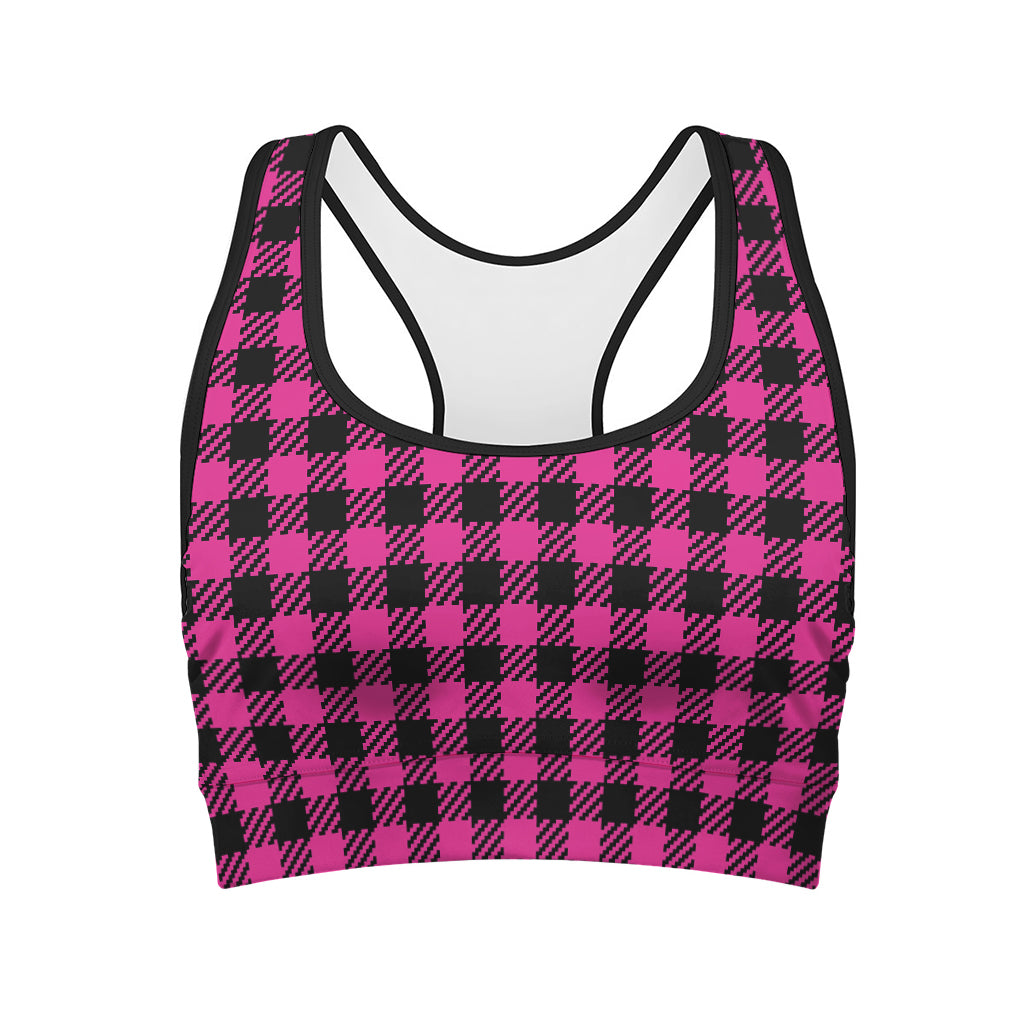 Hot Pink Buffalo Plaid Print Women's Sports Bra