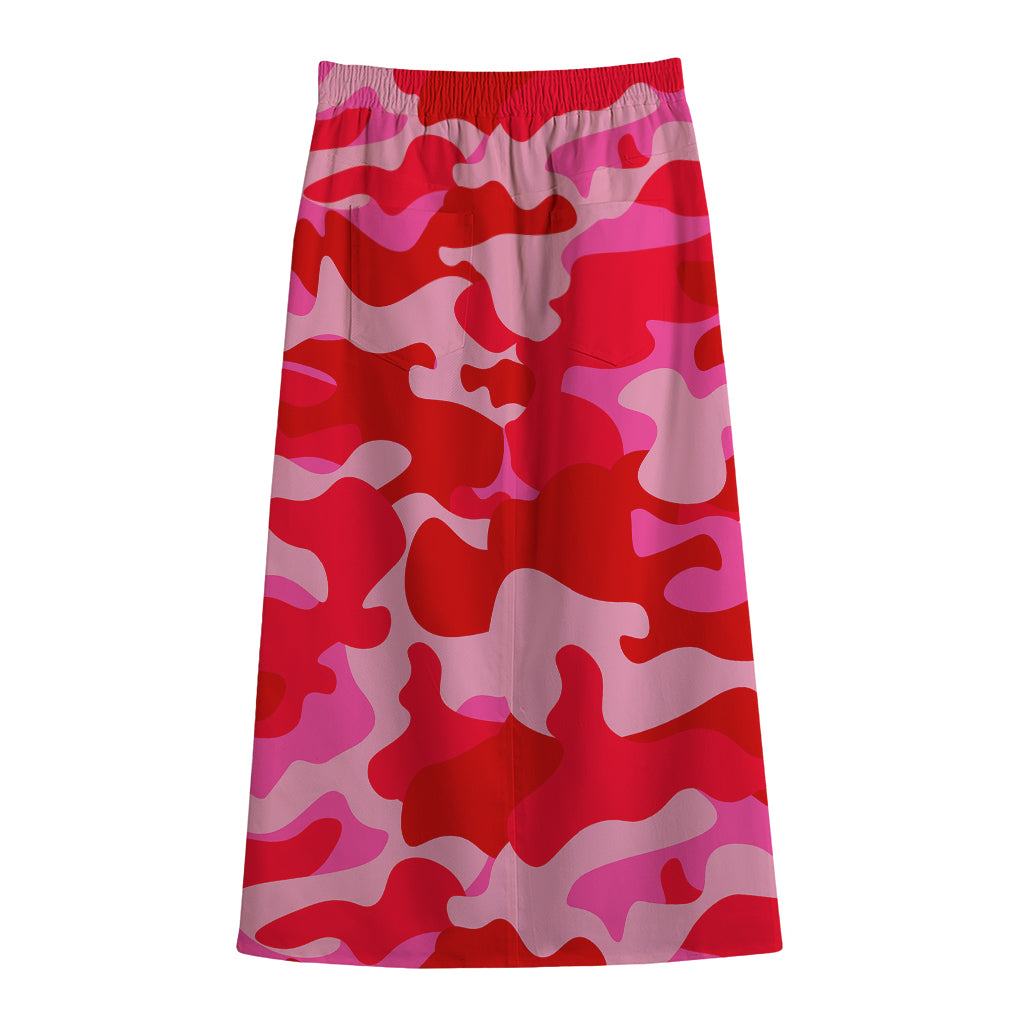 Hot Pink Camouflage Print Cotton Front Slit Maxi Skirt