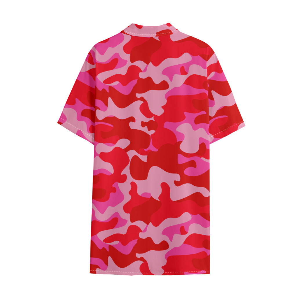 Hot Pink Camouflage Print Cotton Hawaiian Shirt