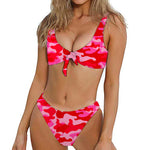 Hot Pink Camouflage Print Front Bow Tie Bikini