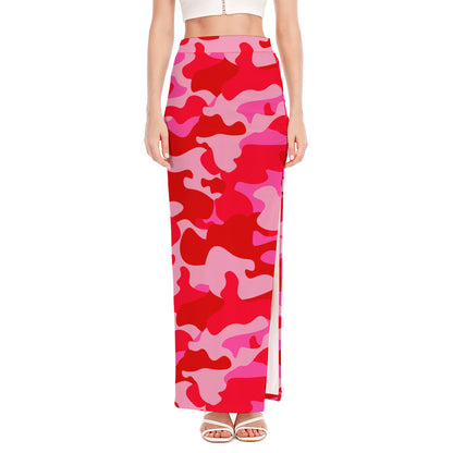 Hot Pink Camouflage Print High Slit Maxi Skirt