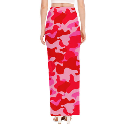 Hot Pink Camouflage Print High Slit Maxi Skirt