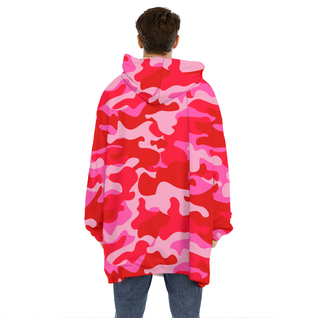 Hot Pink Camouflage Print Hoodie Blanket