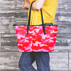 Hot Pink Camouflage Print Leather Tote Bag