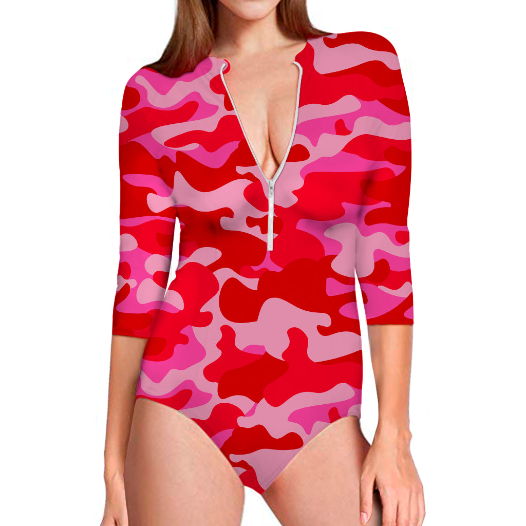 Hot Pink Camouflage Print Long Sleeve Swimsuit