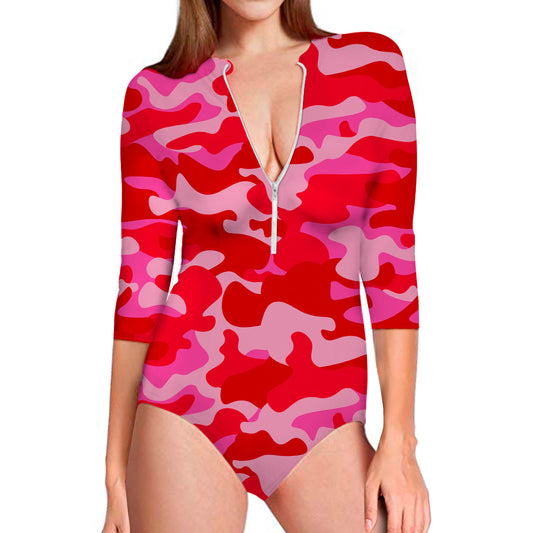 Hot Pink Camouflage Print Long Sleeve Swimsuit