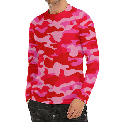 Hot Pink Camouflage Print Men's Long Sleeve Rash Guard