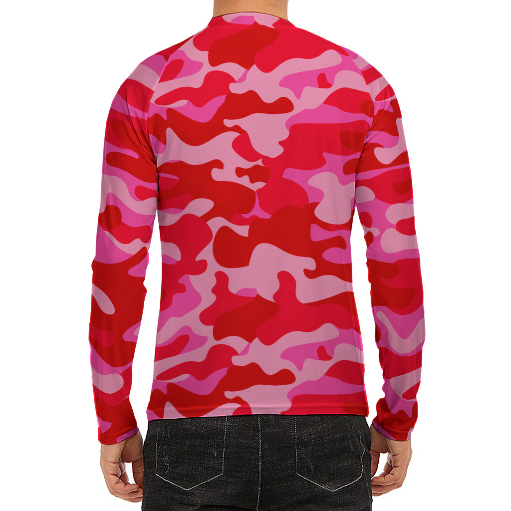 Hot Pink Camouflage Print Men's Long Sleeve Rash Guard