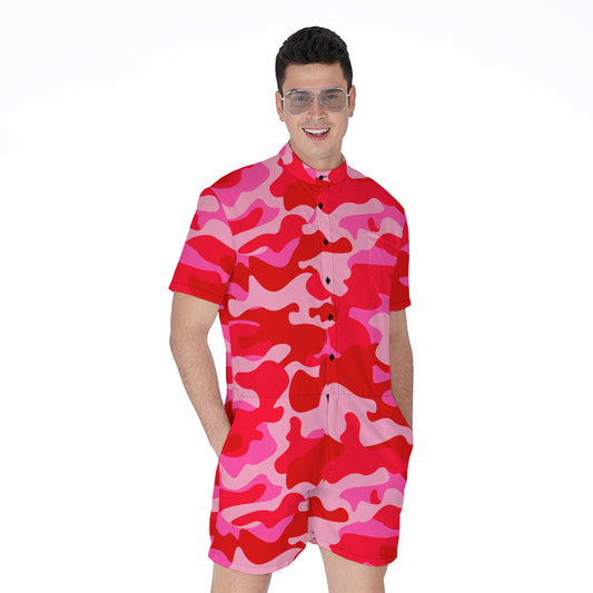 Hot Pink Camouflage Print Men's Rompers