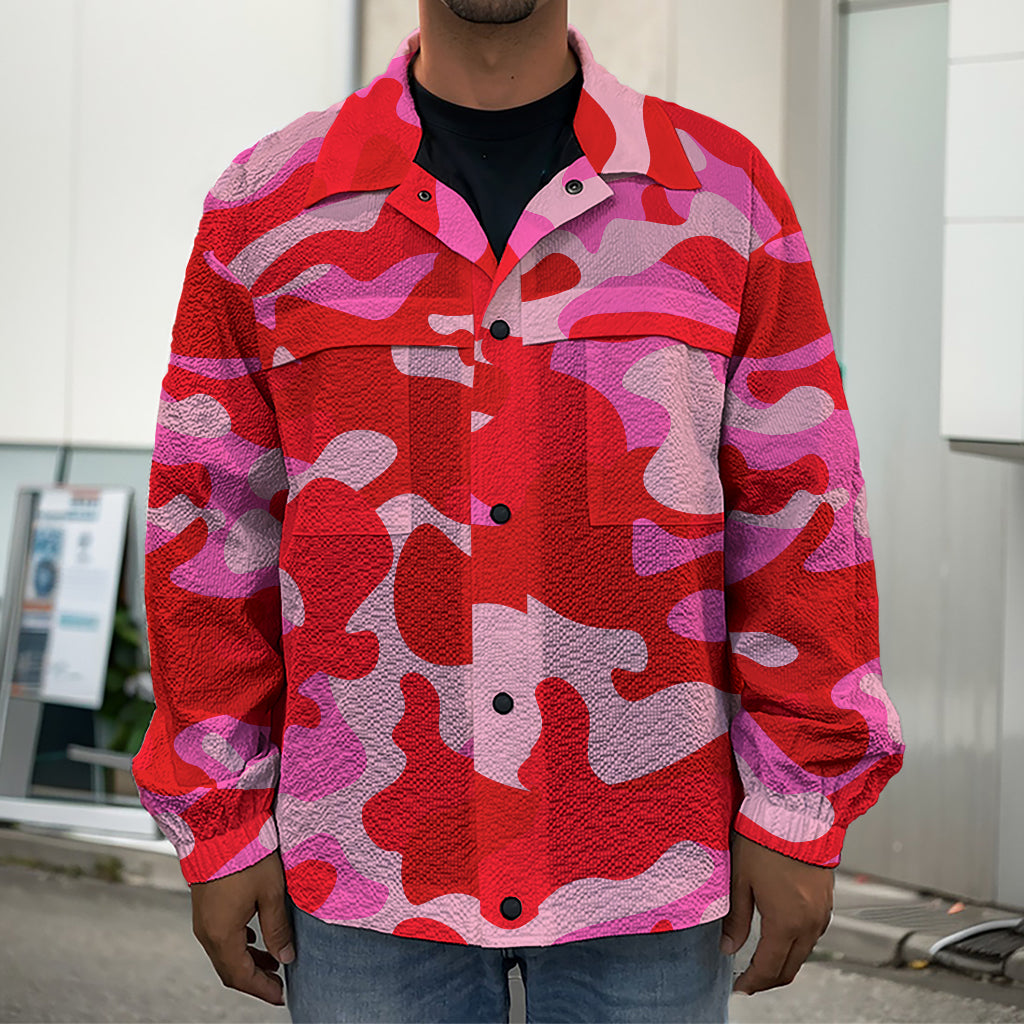 Hot Pink Camouflage Print Men's Shirt Jacket