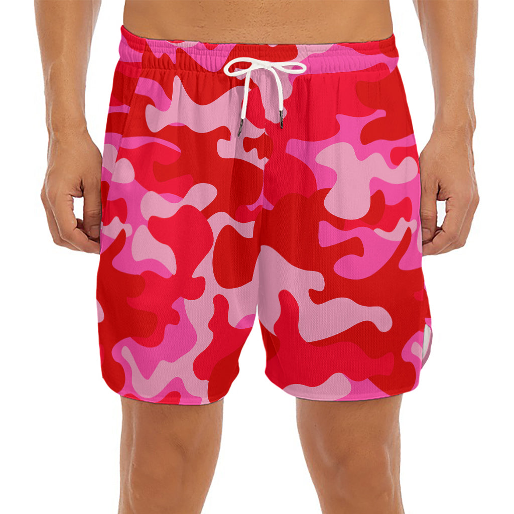 Hot Pink Camouflage Print Men's Split Running Shorts