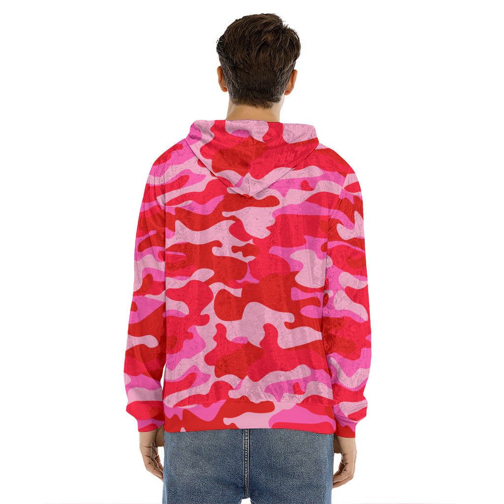 Hot Pink Camouflage Print Men's Velvet Pullover Hoodie