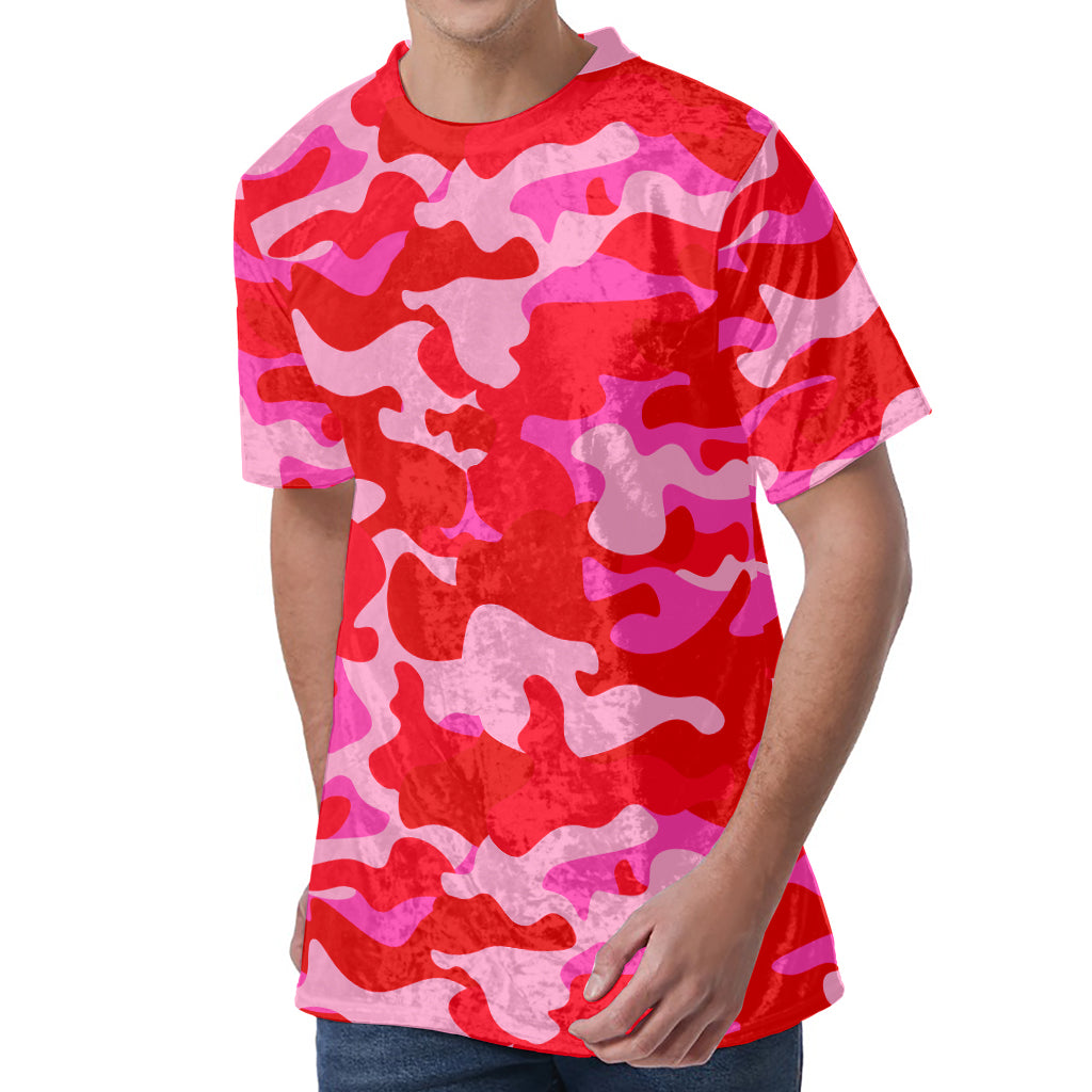 Hot Pink Camouflage Print Men's Velvet T-Shirt
