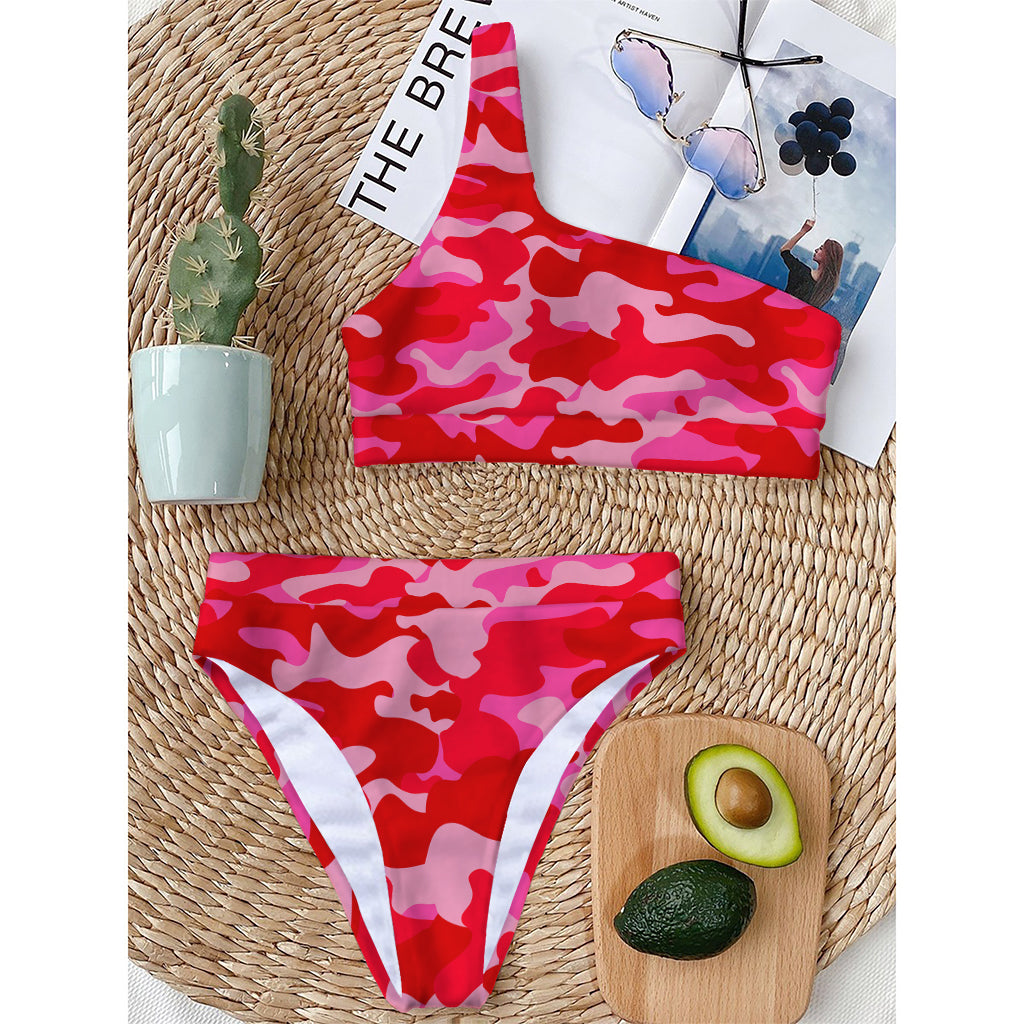 Hot Pink Camouflage Print One Shoulder Bikini Top