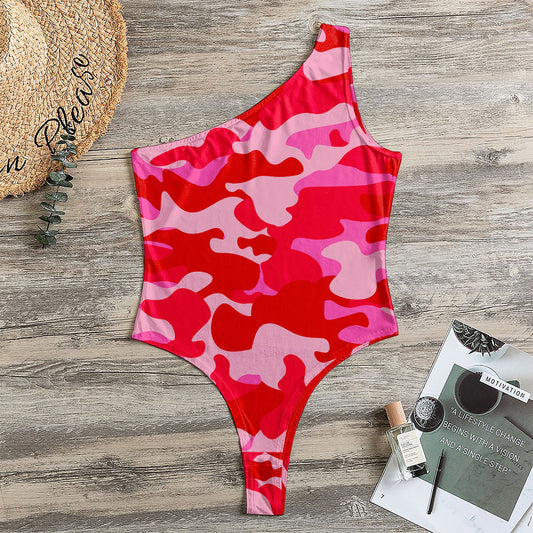 Hot Pink Camouflage Print One Shoulder Bodysuit