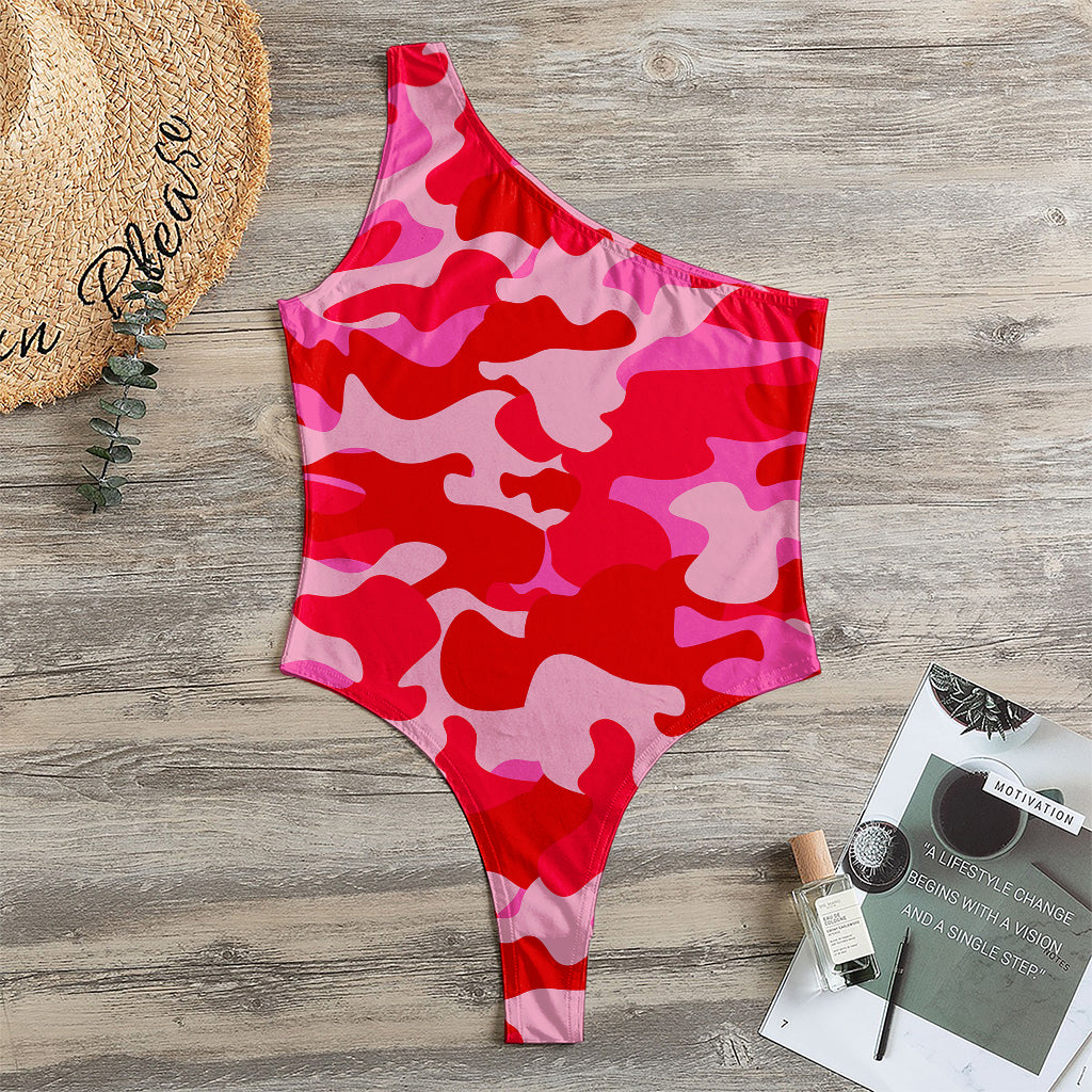 Hot Pink Camouflage Print One Shoulder Bodysuit
