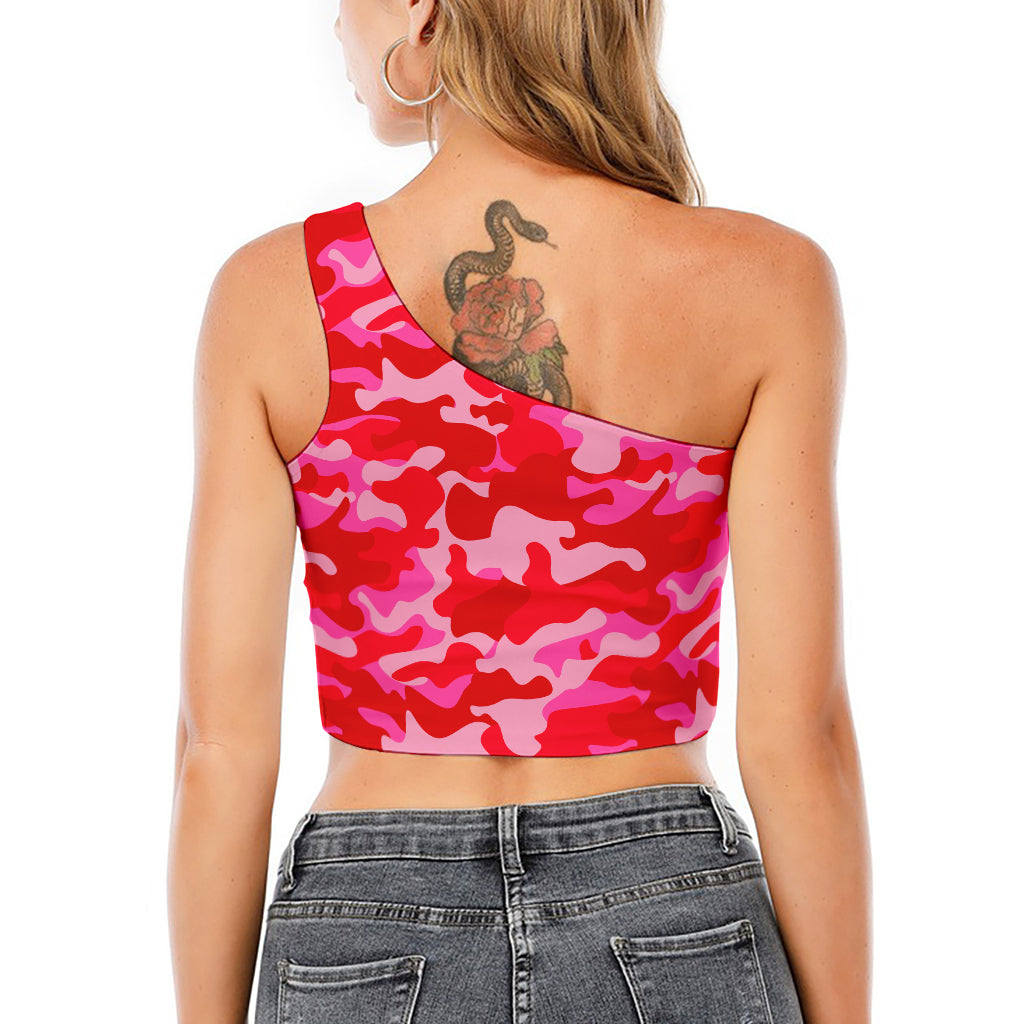 Hot Pink Camouflage Print One Shoulder Crop Top