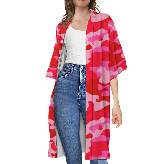 Hot Pink Camouflage Print Open Front Beach Cover Up