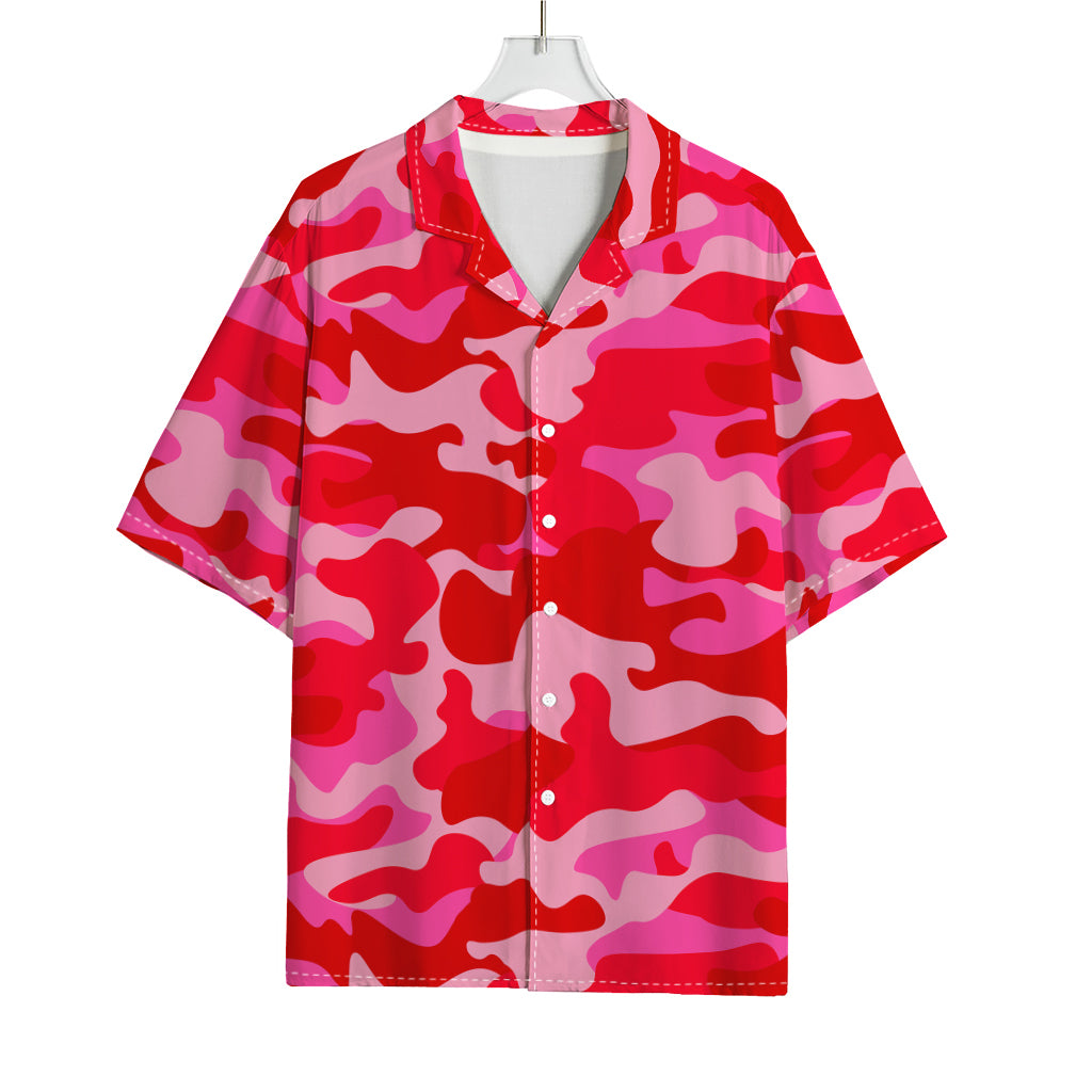 Hot Pink Camouflage Print Rayon Hawaiian Shirt