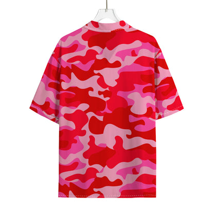 Hot Pink Camouflage Print Rayon Hawaiian Shirt