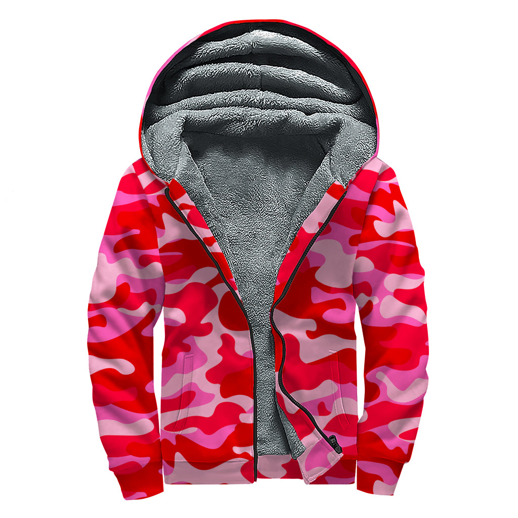 Hot Pink Camouflage Print Sherpa Lined Zip Up Hoodie