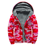 Hot Pink Camouflage Print Sherpa Lined Zip Up Hoodie