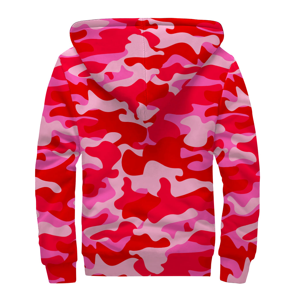 Hot Pink Camouflage Print Sherpa Lined Zip Up Hoodie