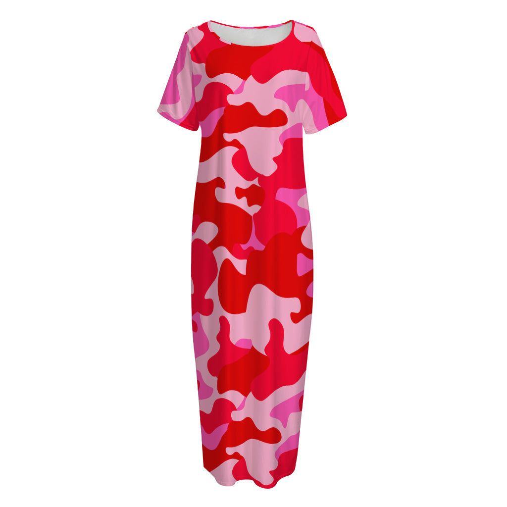 Hot Pink Camouflage Print Short Sleeve Long Nightdress