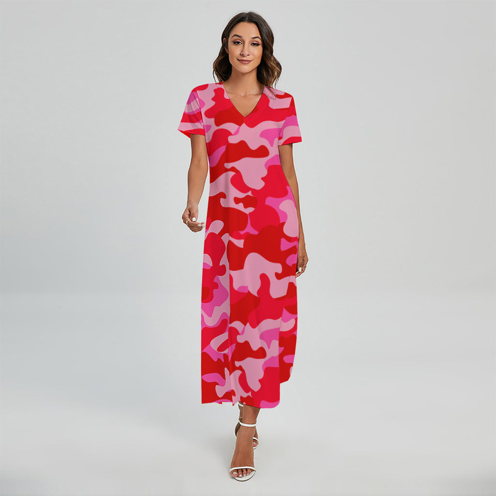 Hot Pink Camouflage Print Short Sleeve Maxi Dress