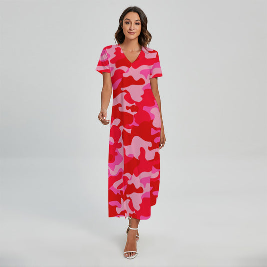 Hot Pink Camouflage Print Short Sleeve Maxi Dress