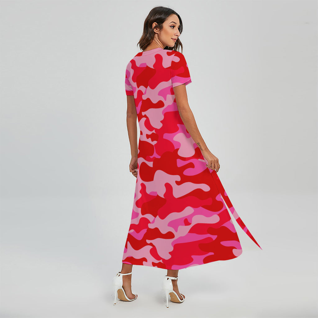 Hot Pink Camouflage Print Short Sleeve Maxi Dress