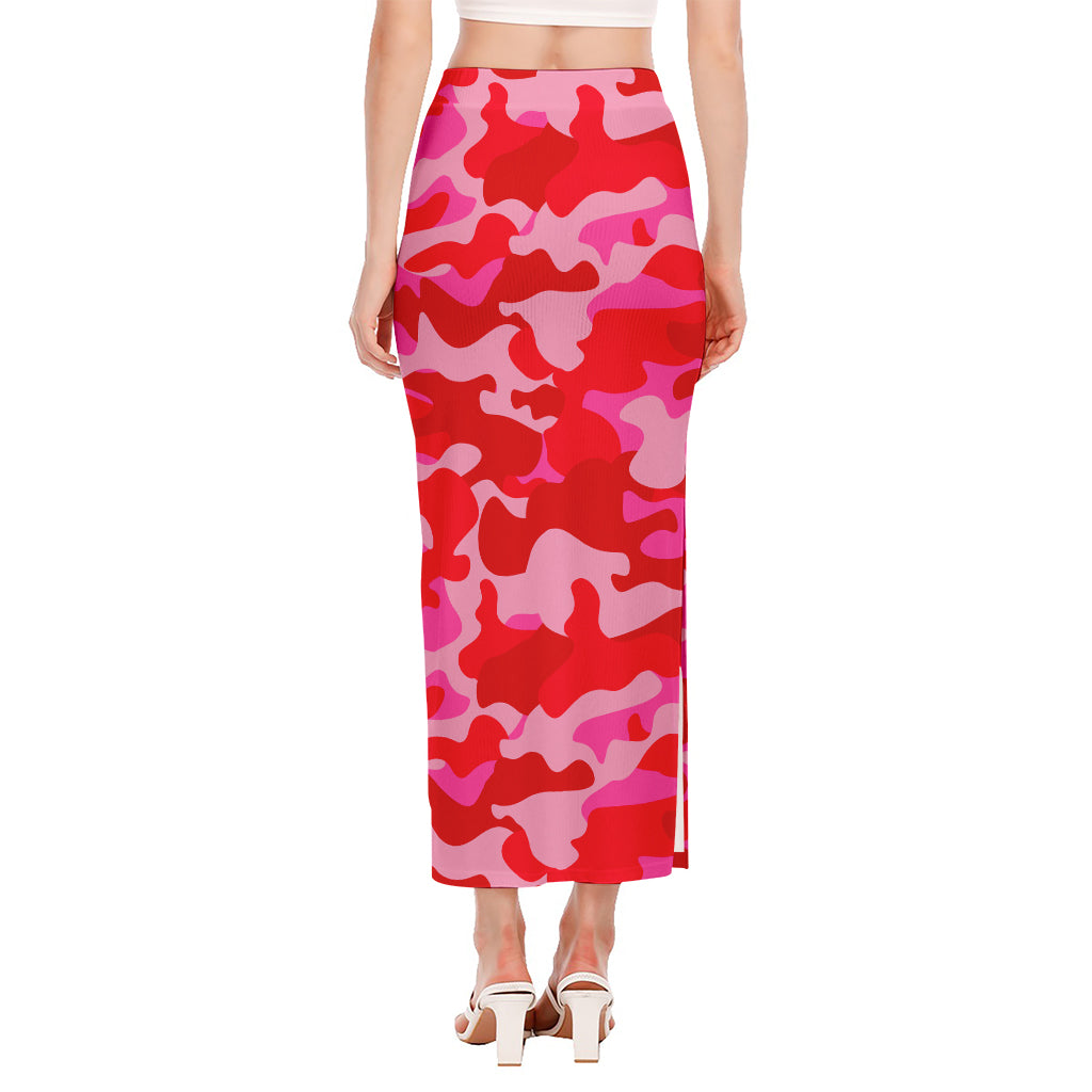 Hot Pink Camouflage Print Side Slit Maxi Skirt