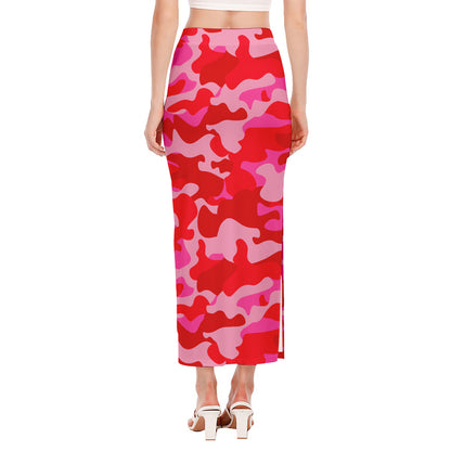 Hot Pink Camouflage Print Side Slit Maxi Skirt