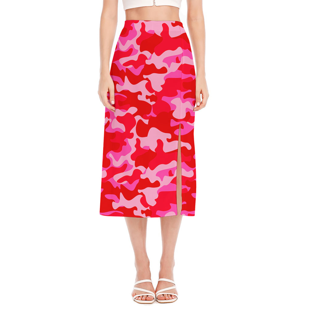 Hot Pink Camouflage Print Side Slit Midi Skirt