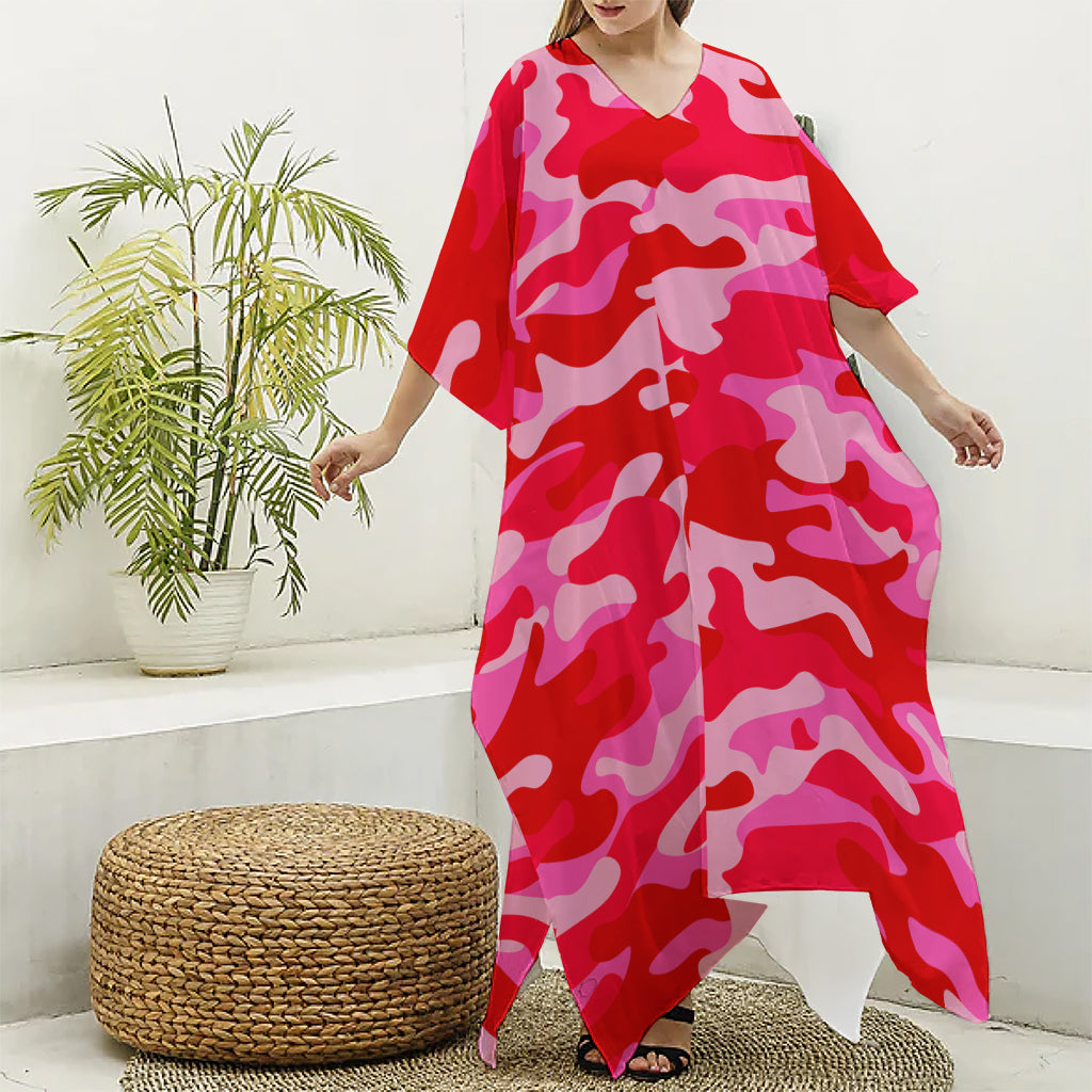 Hot Pink Camouflage Print Silk V-Neck Kaftan Dress