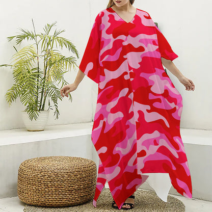 Hot Pink Camouflage Print Silk V-Neck Kaftan Dress