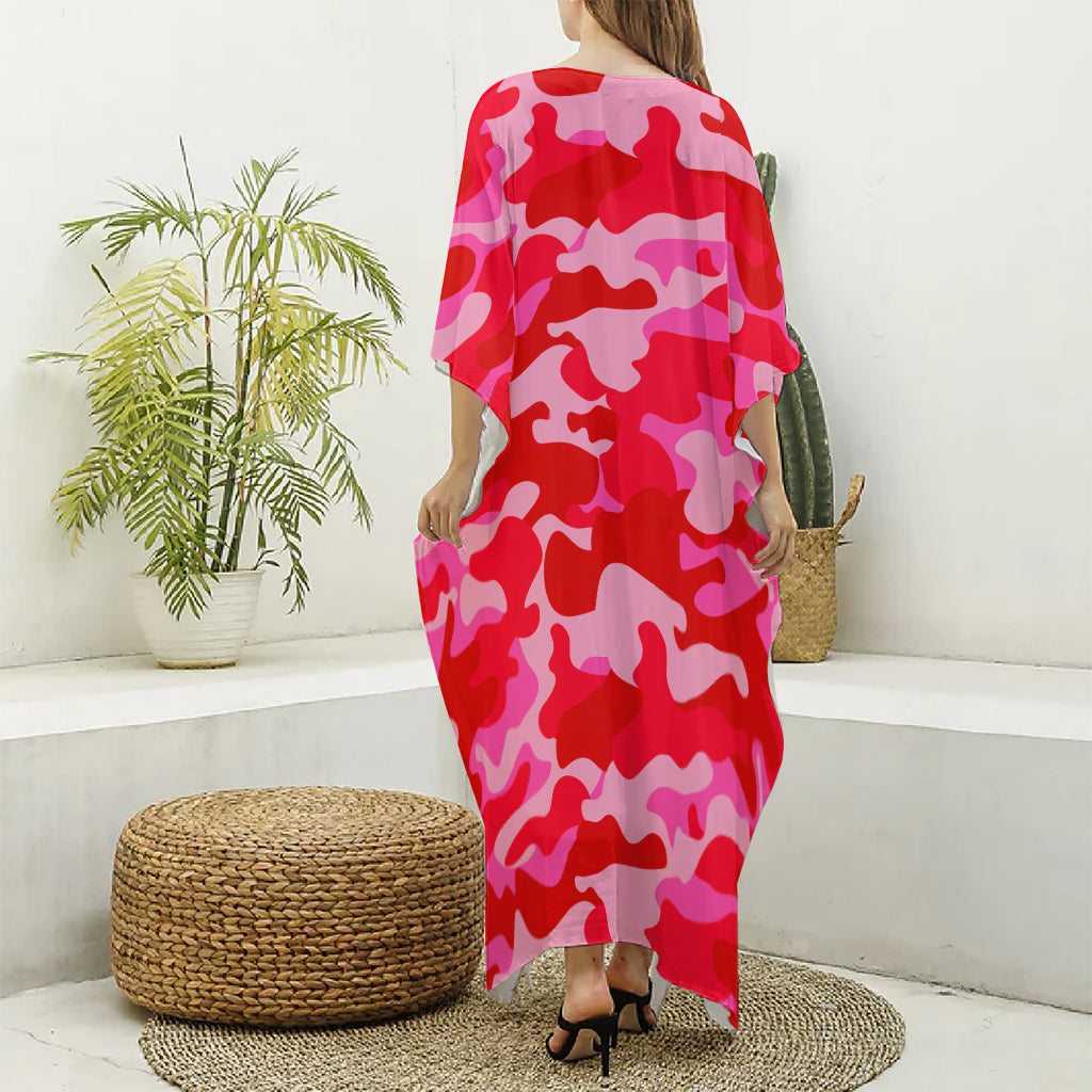 Hot Pink Camouflage Print Silk V-Neck Kaftan Dress