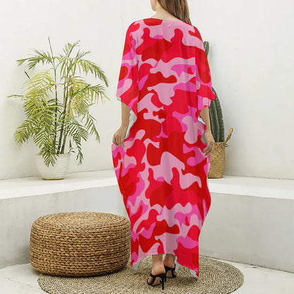 Hot Pink Camouflage Print Silk V-Neck Kaftan Dress